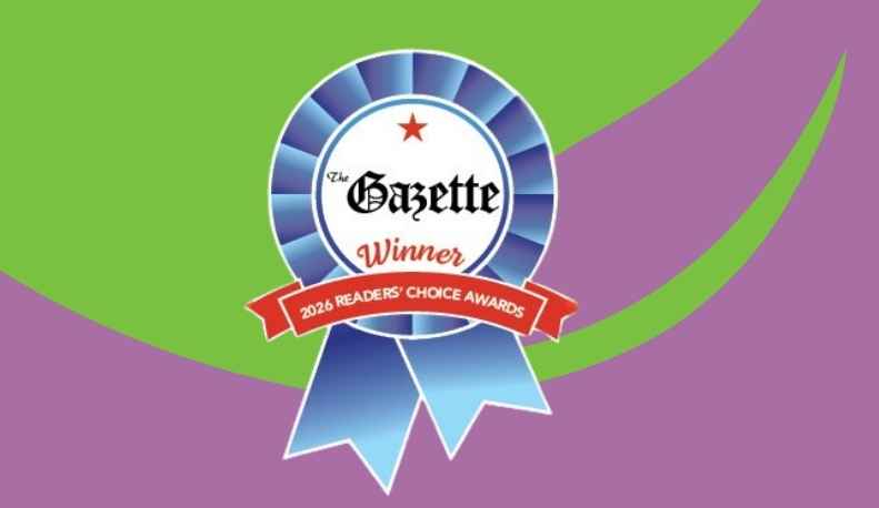 Stillwater Gazette Readers Choice award ribbon on green and purple background.